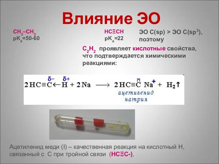 Влияние ЭО СН3–СН3 НСΞСН pKа=50-60 pKa=22 ЭО С(sp) > ЭО С(sp3),