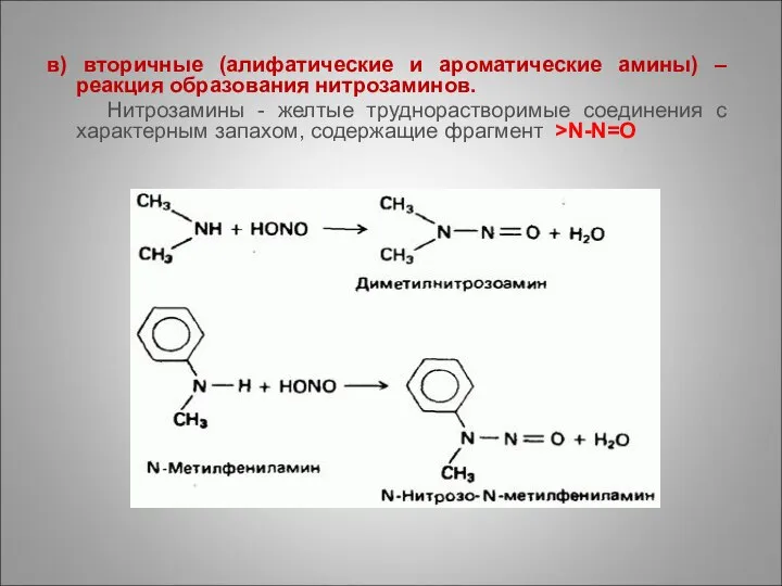 в) вторичные (алифатические и ароматические амины) – реакция образования нитрозаминов. Нитрозамины