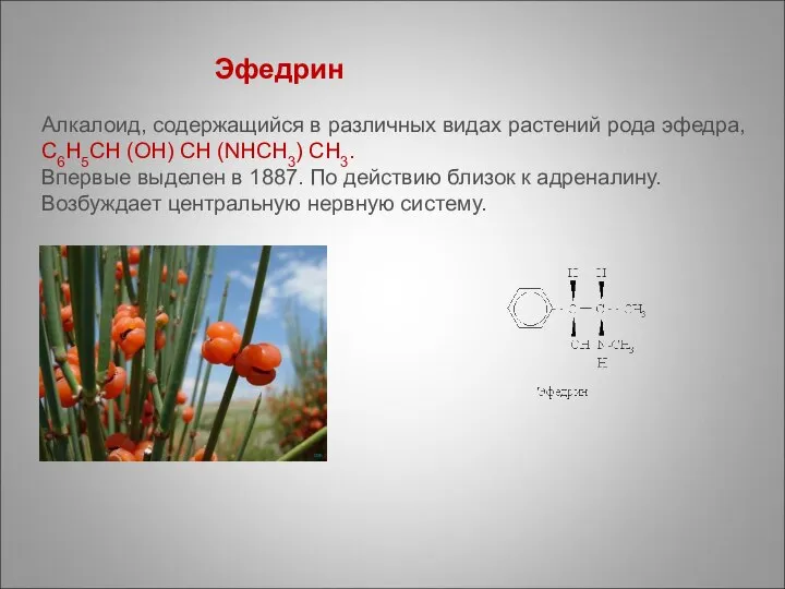 Эфедрин Алкалоид, содержащийся в различных видах растений рода эфедра, C6H5CH (OH)