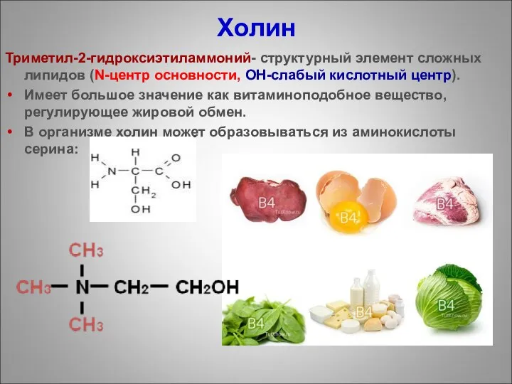 Холин Триметил-2-гидроксиэтиламмоний- структурный элемент сложных липидов (N-центр основности, ОН-слабый кислотный центр).