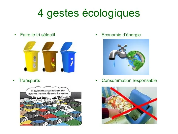 4 gestes écologiques Faire le tri sélectif Economie d’énergie Transports Consommation responsable