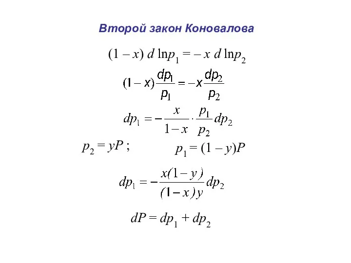 Второй закон Коновалова (1 – х) d lnp1 = – х