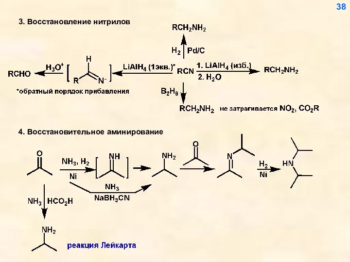 3. Восстановление нитрилов 4. Восстановительное аминирование 38