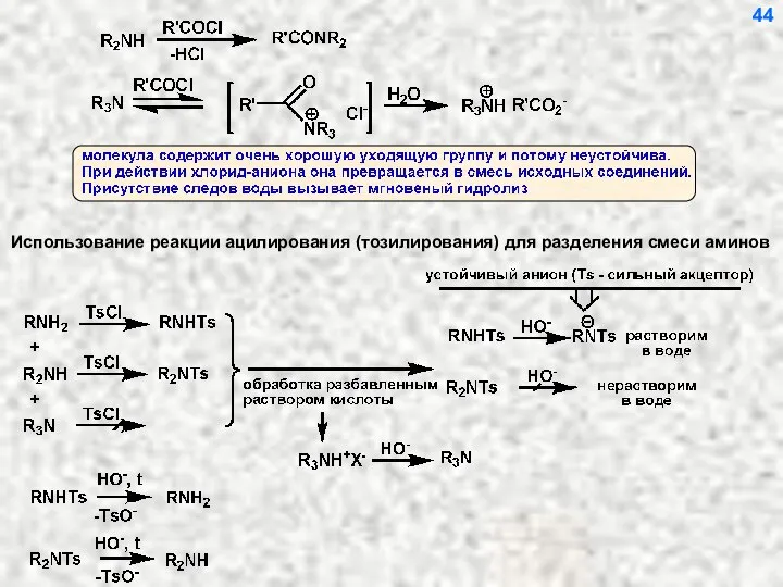 Использование реакции ацилирования (тозилирования) для разделения смеси аминов 44