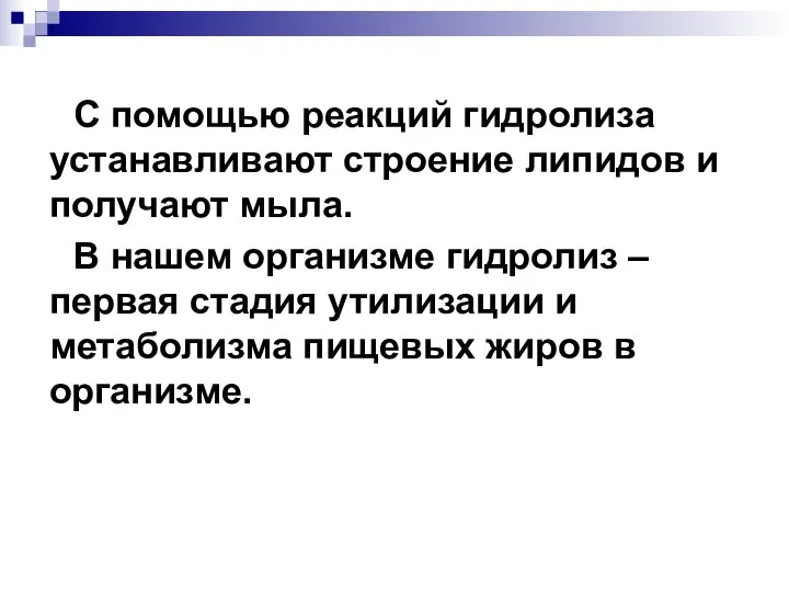 С помощью реакций гидролиза устанавливают строение липидов и получают мыла. В