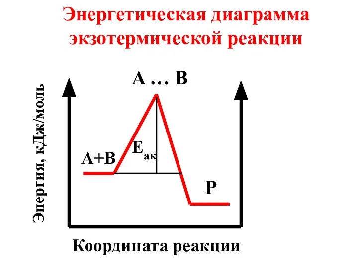 Энергетическая диаграмма экзотермической реакции A … B P A+B Eaк Координата реакции Энергия, кДж/моль