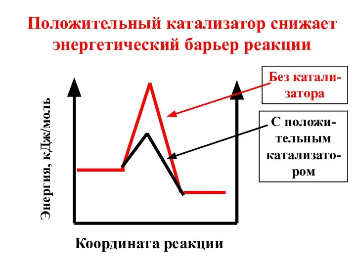 Координата реакции Положительный катализатор снижает энергетический барьер реакции Энергия, кДж/моль Без катали-затора С положи-тельным катализато-ром