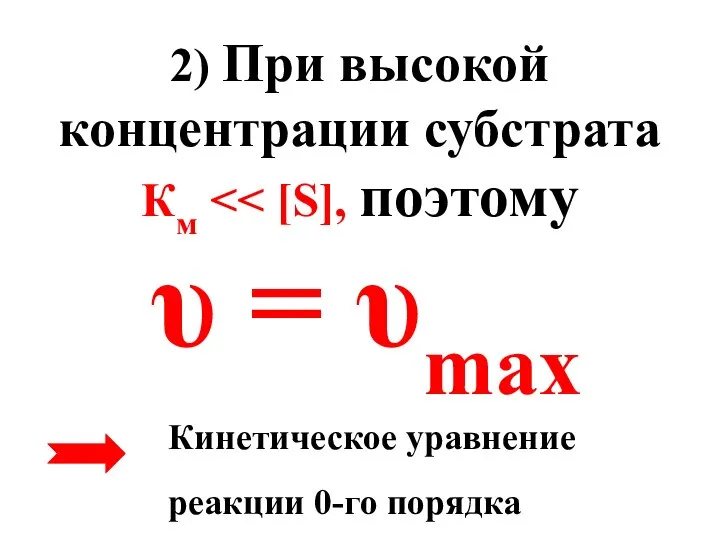 2) При высокой концентрации субстрата Км Кинетическое уравнение реакции 0-го порядка υ = υmax