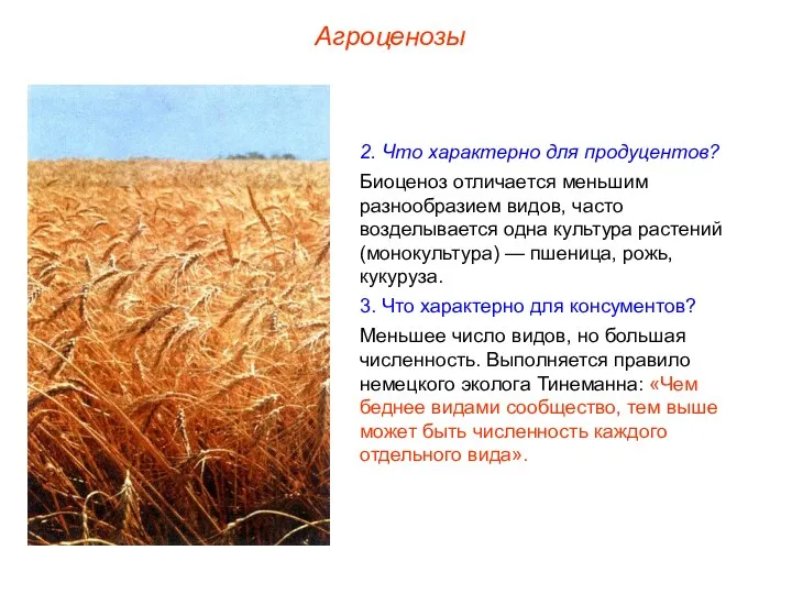 Агроценозы 2. Что характерно для продуцентов? Биоценоз отличается меньшим разнообразием видов,