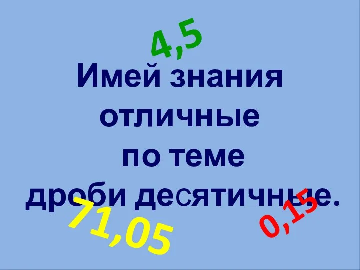 Имей знания отличные по теме дроби десятичные. 4,5 0,15 71,05