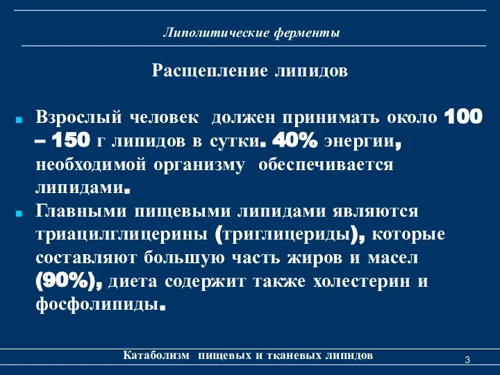 Липолитические ферменты Катаболизм пищевых и тканевых липидов Расщепление липидов Взрослый человек