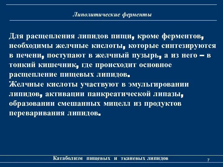 Липолитические ферменты Катаболизм пищевых и тканевых липидов Для расщепления липидов пищи,