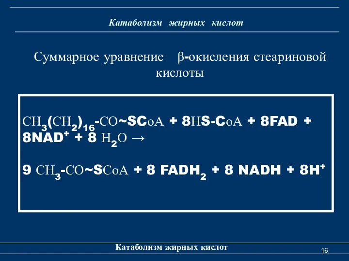 Катаболизм жирных кислот Катаболизм жирных кислот Суммарное уравнение β-окисления стеариновой кислоты