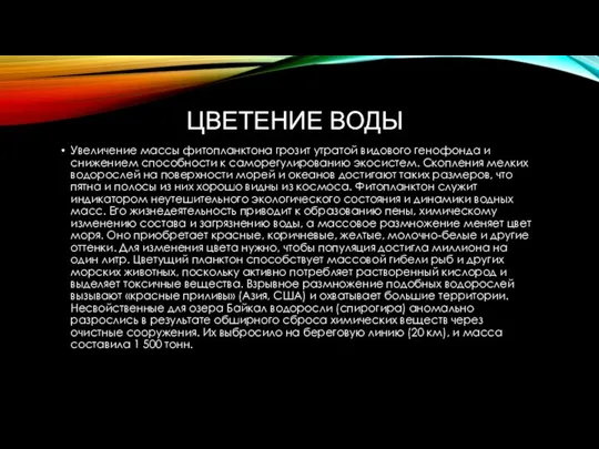 ЦВЕТЕНИЕ ВОДЫ Увеличение массы фитопланктона грозит утратой видового генофонда и снижением