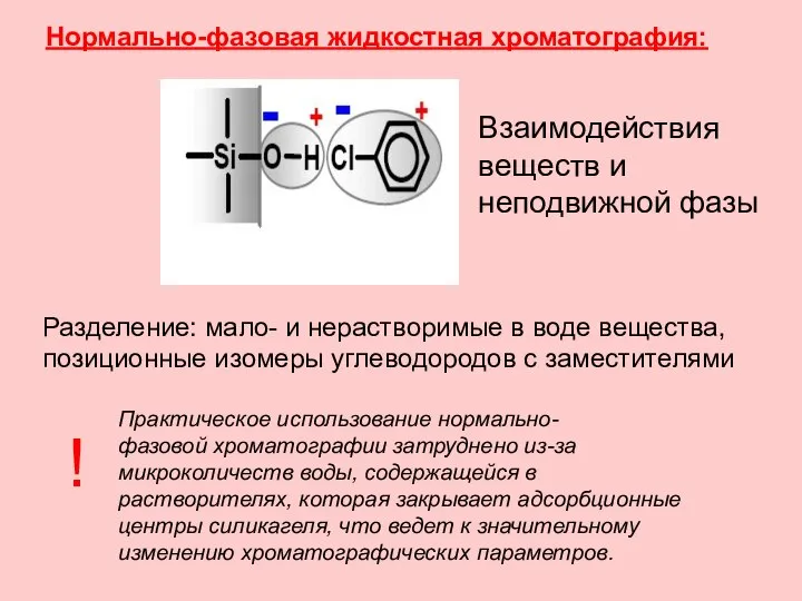 Нормально-фазовая жидкостная хроматография: Взаимодействия веществ и неподвижной фазы Разделение: мало- и