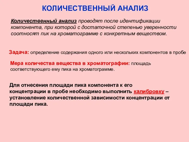 КОЛИЧЕСТВЕННЫЙ АНАЛИЗ Задача: определение содержания одного или нескольких компонентов в пробе