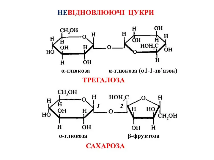 НЕВІДНОВЛЮЮЧІ ЦУКРИ α-глюкоза α-глюкоза (α1-1-зв’язок) ТРЕГАЛОЗА α-глюкоза β-фруктоза САХАРОЗА