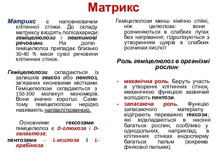 Матрикс Матрикс є наповнювачем клітинної стінки. До складу матриксу входять полісахариди: