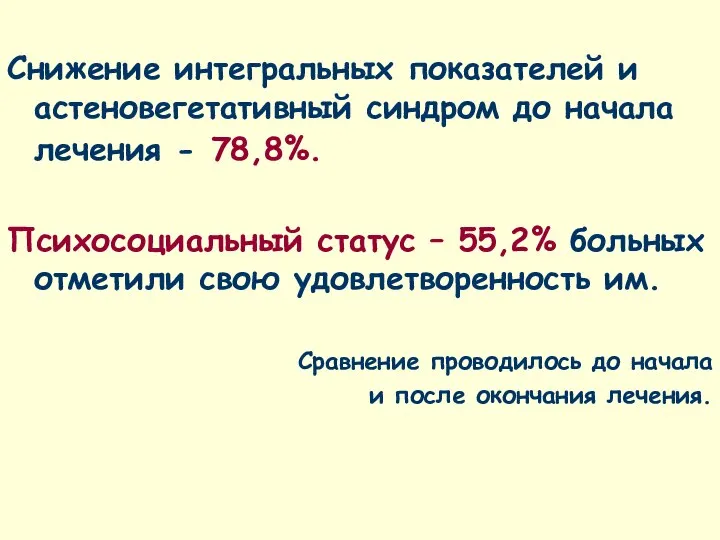 Снижение интегральных показателей и астеновегетативный синдром до начала лечения - 78,8%.