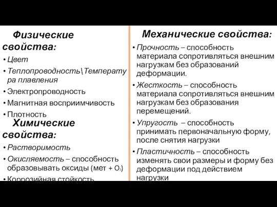 Физические свойства: Цвет Теплопроводность\Температура плавления Электропроводность Магнитная восприимчивость Плотность Химические свойства: