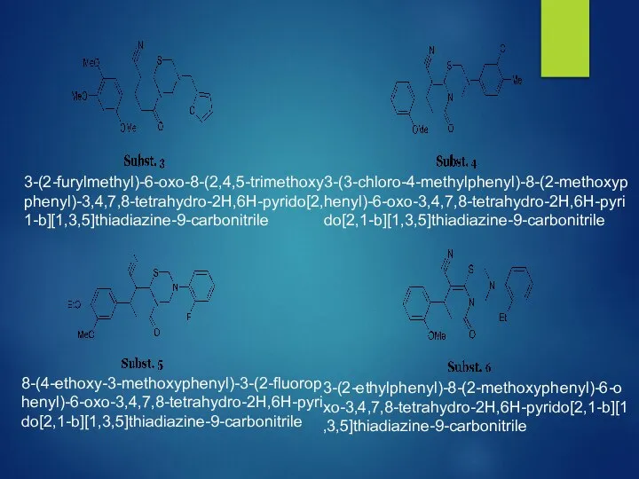 3-(2-furylmethyl)-6-oxo-8-(2,4,5-trimethoxyphenyl)-3,4,7,8-tetrahydro-2H,6H-pyrido[2,1-b][1,3,5]thiadiazine-9-carbonitrile 3-(3-chloro-4-methylphenyl)-8-(2-methoxyphenyl)-6-oxo-3,4,7,8-tetrahydro-2H,6H-pyrido[2,1-b][1,3,5]thiadiazine-9-carbonitrile 8-(4-ethoxy-3-methoxyphenyl)-3-(2-fluorophenyl)-6-oxo-3,4,7,8-tetrahydro-2H,6H-pyrido[2,1-b][1,3,5]thiadiazine-9-carbonitrile 3-(2-ethylphenyl)-8-(2-methoxyphenyl)-6-oxo-3,4,7,8-tetrahydro-2H,6H-pyrido[2,1-b][1,3,5]thiadiazine-9-carbonitrile