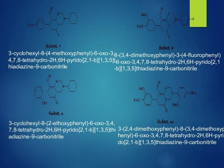 3-cyclohexyl-8-(4-methoxyphenyl)-6-oxo-3,4,7,8-tetrahydro-2H,6H-pyrido[2,1-b][1,3,5]thiadiazine-9-carbonitrile 8-(3,4-dimethoxyphenyl)-3-(4-fluorophenyl)-6-oxo-3,4,7,8-tetrahydro-2H,6H-pyrido[2,1-b][1,3,5]thiadiazine-9-carbonitrile 3-cyclohexyl-8-(2-ethoxyphenyl)-6-oxo-3,4,7,8-tetrahydro-2H,6H-pyrido[2,1-b][1,3,5]thiadiazine-9-carbonitrile 3-(2,4-dimethoxyphenyl)-8-(3,4-dimethoxyphenyl)-6-oxo-3,4,7,8-tetrahydro-2H,6H-pyrido[2,1-b][1,3,5]thiadiazine-9-carbonitrile