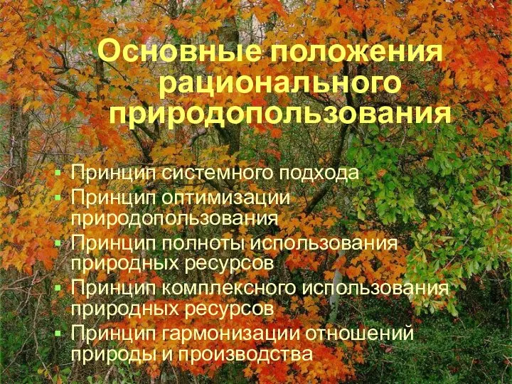 Основные положения рационального природопользования Принцип системного подхода Принцип оптимизации природопользования Принцип