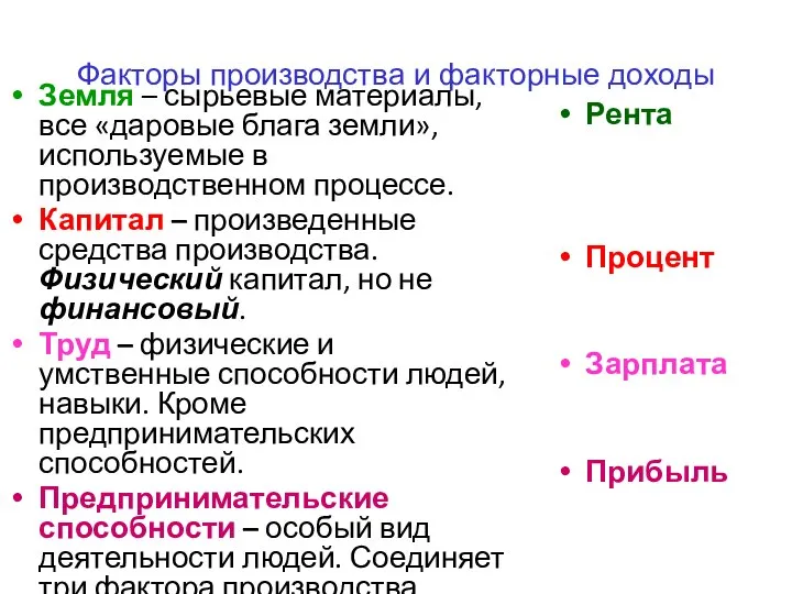 Факторы производства и факторные доходы Земля – сырьевые материалы, все «даровые