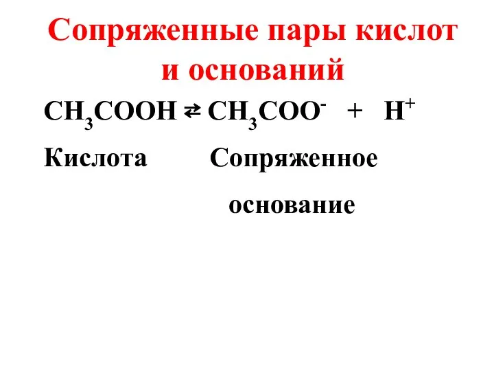 Cопряженные пары кислот и оснований СH3COOH ⇄ CH3COO- + H+ Кислота Сопряженное основание