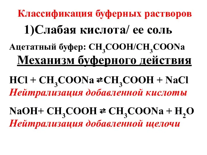 Классификация буферных растворов Ацетатный буфер: СН3СООН/СН3СООNa Механизм буферного действия НCl +