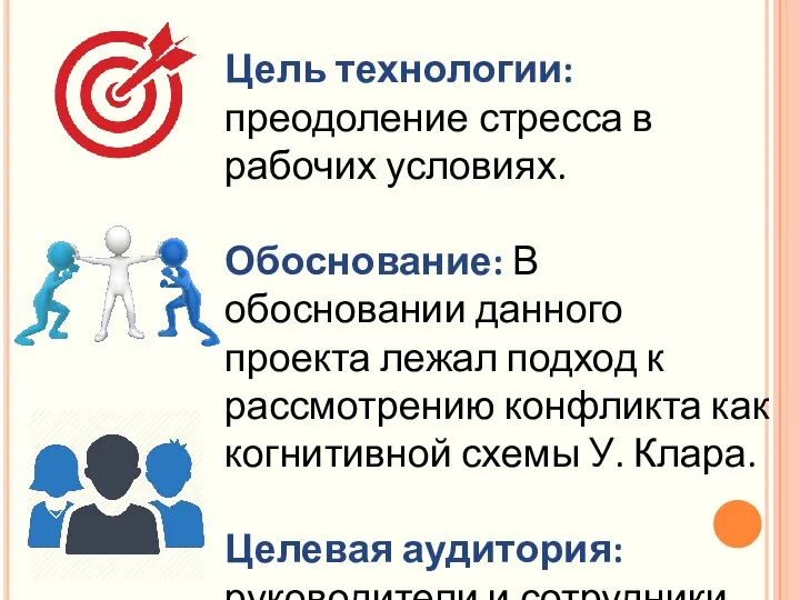 Цель технологии: преодоление стресса в рабочих условиях. Обоснование: В обосновании данного