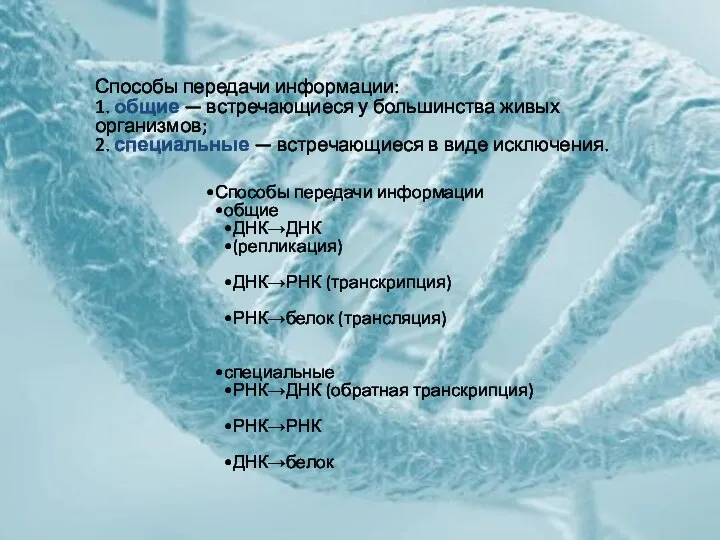Способы передачи информации общие ДНК→ДНК (репликация) ДНК→РНК (транскрипция) РНК→белок (трансляция) специальные