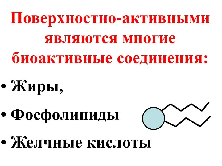 Поверхностно-активными являются многие биоактивные соединения: Жиры, Фосфолипиды Желчные кислоты