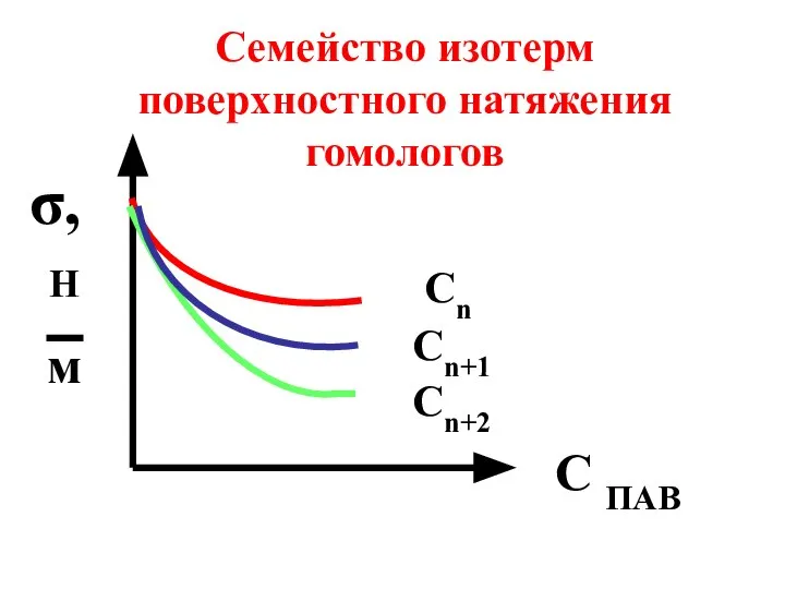 Сn Сn+1 Сn+2 C ПАВ σ, Н м Семейство изотерм поверхностного натяжения гомологов