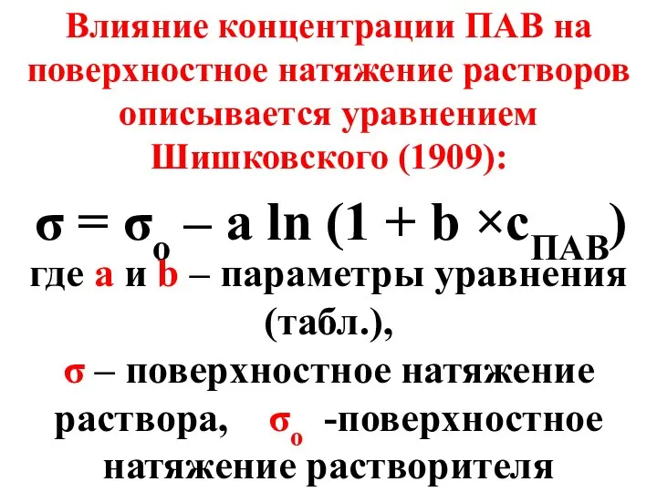 Влияние концентрации ПАВ на поверхностное натяжение растворов описывается уравнением Шишковского (1909):