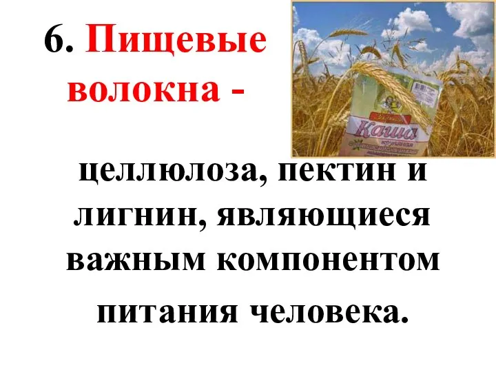 целлюлоза, пектин и лигнин, являющиеся важным компонентом питания человека. 6. Пищевые волокна -