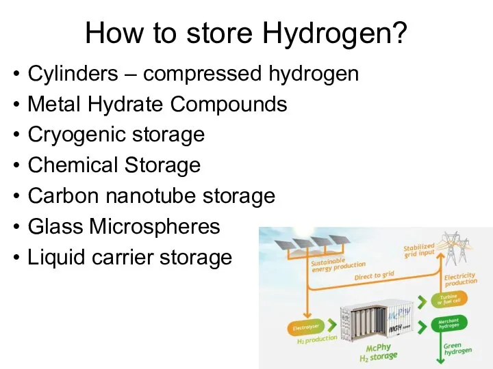 How to store Hydrogen? Cylinders – compressed hydrogen Metal Hydrate Compounds