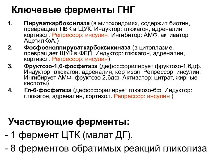 Ключевые ферменты ГНГ Пируваткарбоксилаза (в митохондриях, содержит биотин, превращает ПВК в