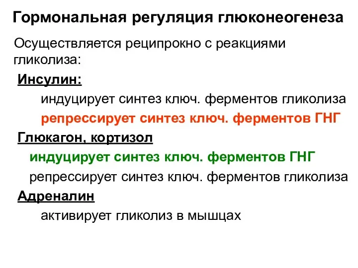 Гормональная регуляция глюконеогенеза Осуществляется реципрокно с реакциями гликолиза: Инсулин: индуцирует синтез