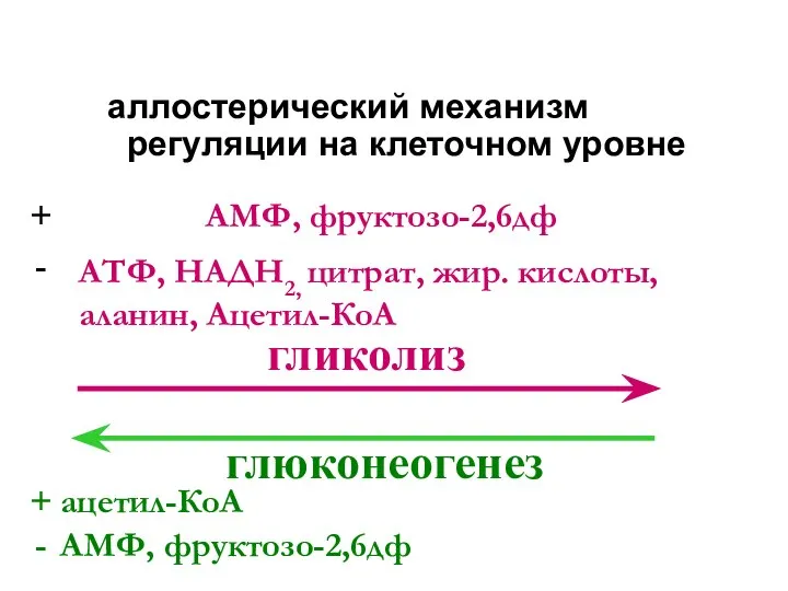 гликолиз глюконеогенез АМФ, фруктозо-2,6дф АТФ, НАДН2, цитрат, жир. кислоты, аланин, Aцетил-КоА