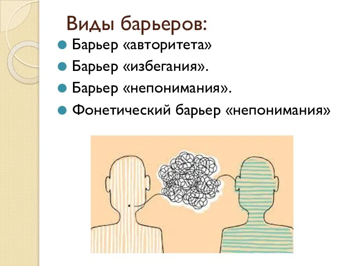 Виды барьеров: Барьер «авторитета» Барьер «избегания». Барьер «непонимания». Фонетический барьер «непонимания»