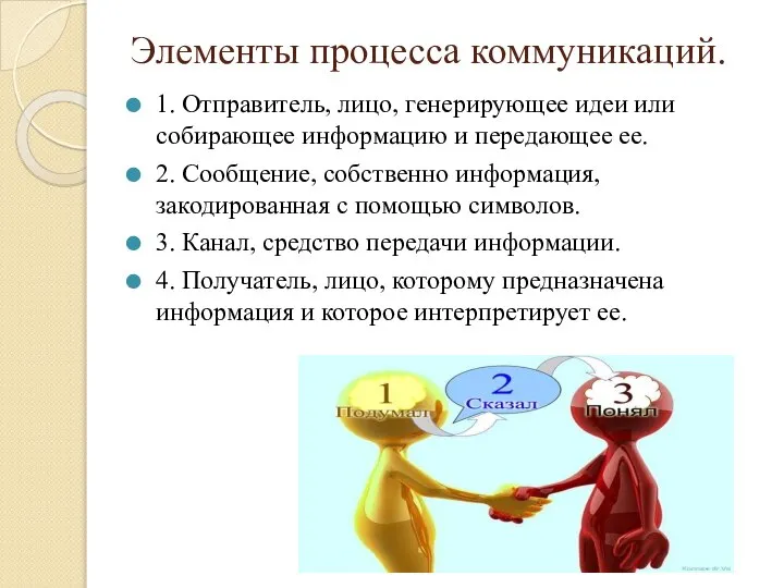 Элементы процесса коммуникаций. 1. Отправитель, лицо, генерирующее идеи или собирающее информацию