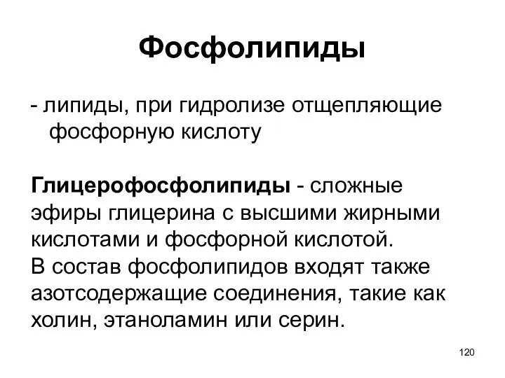 Фосфолипиды - липиды, при гидролизе отщепляющие фосфорную кислоту Глицерофосфолипиды - сложные