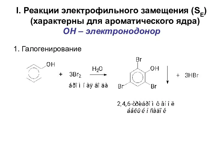 I. Реакции электрофильного замещения (SE) (характерны для ароматического ядра) OH – электронодонор