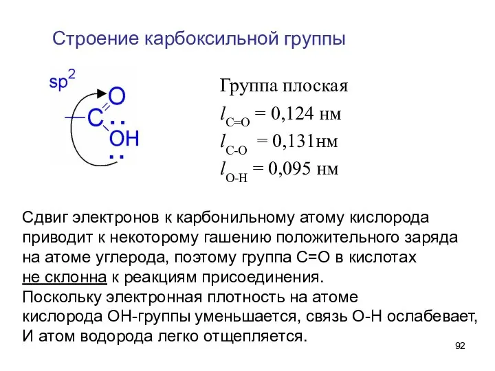 Строение карбоксильной группы Группа плоская lC=O = 0,124 нм lC-O =