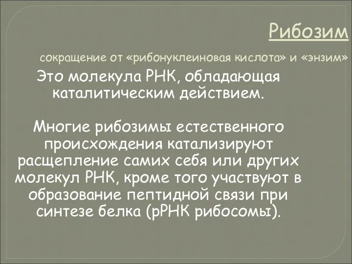 Рибозим сокращение от «рибонуклеиновая кислота» и «энзим» Это молекула РНК, обладающая