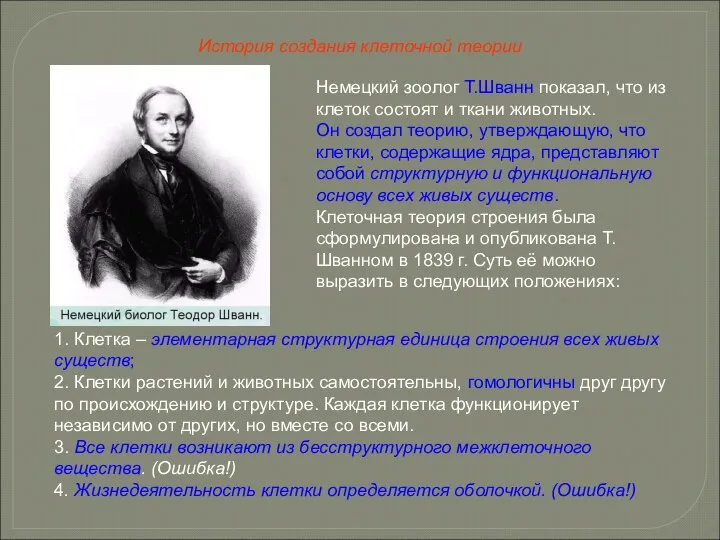 Немецкий зоолог Т.Шванн показал, что из клеток состоят и ткани животных.