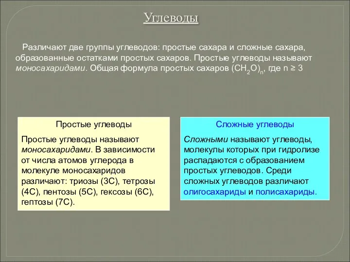 Простые углеводы Простые углеводы называют моносахаридами. В зависимости от числа атомов