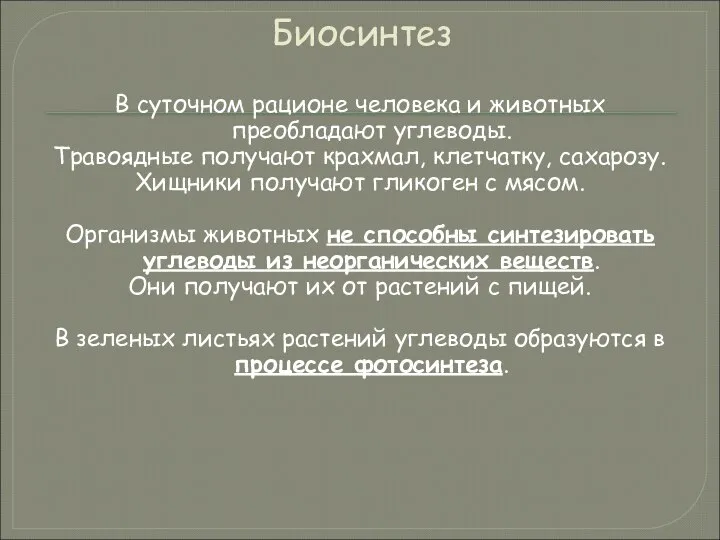 Биосинтез В суточном рационе человека и животных преобладают углеводы. Травоядные получают