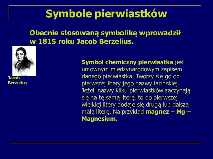 Symbole pierwiastków Obecnie stosowaną symbolikę wprowadził w 1815 roku Jacob Berzelius.